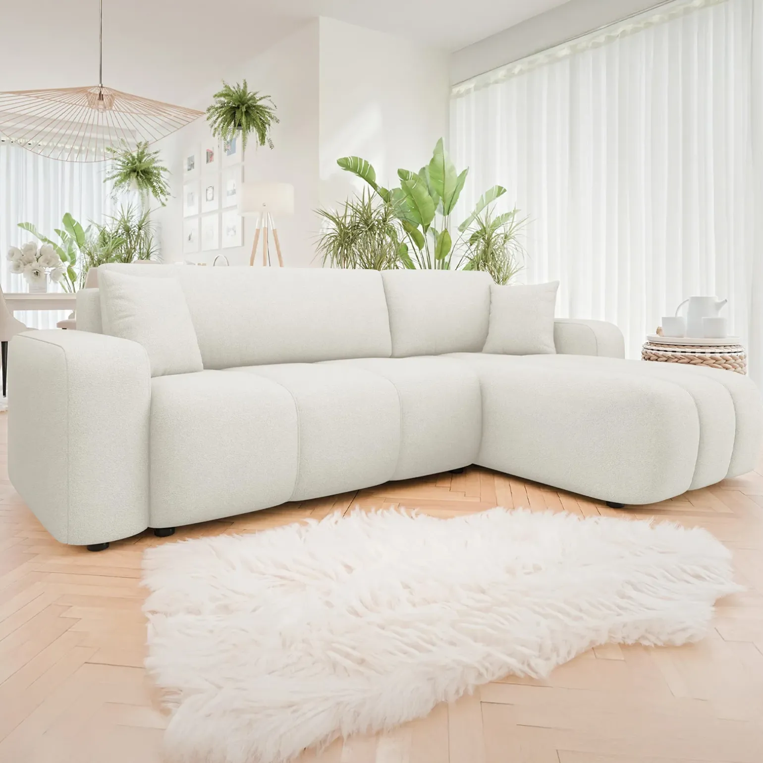 Divano letto angolare 3 posti 244x145cm con contenitore tessuto beige Orama