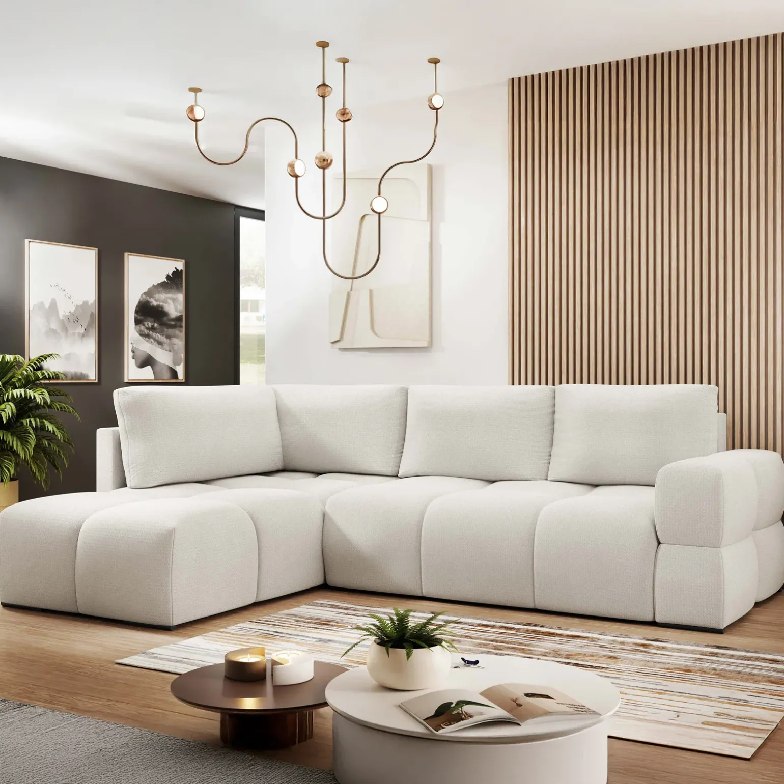 Divano letto angolare 3 posti 267x185cm box contenitore bianco perla Sottovoce