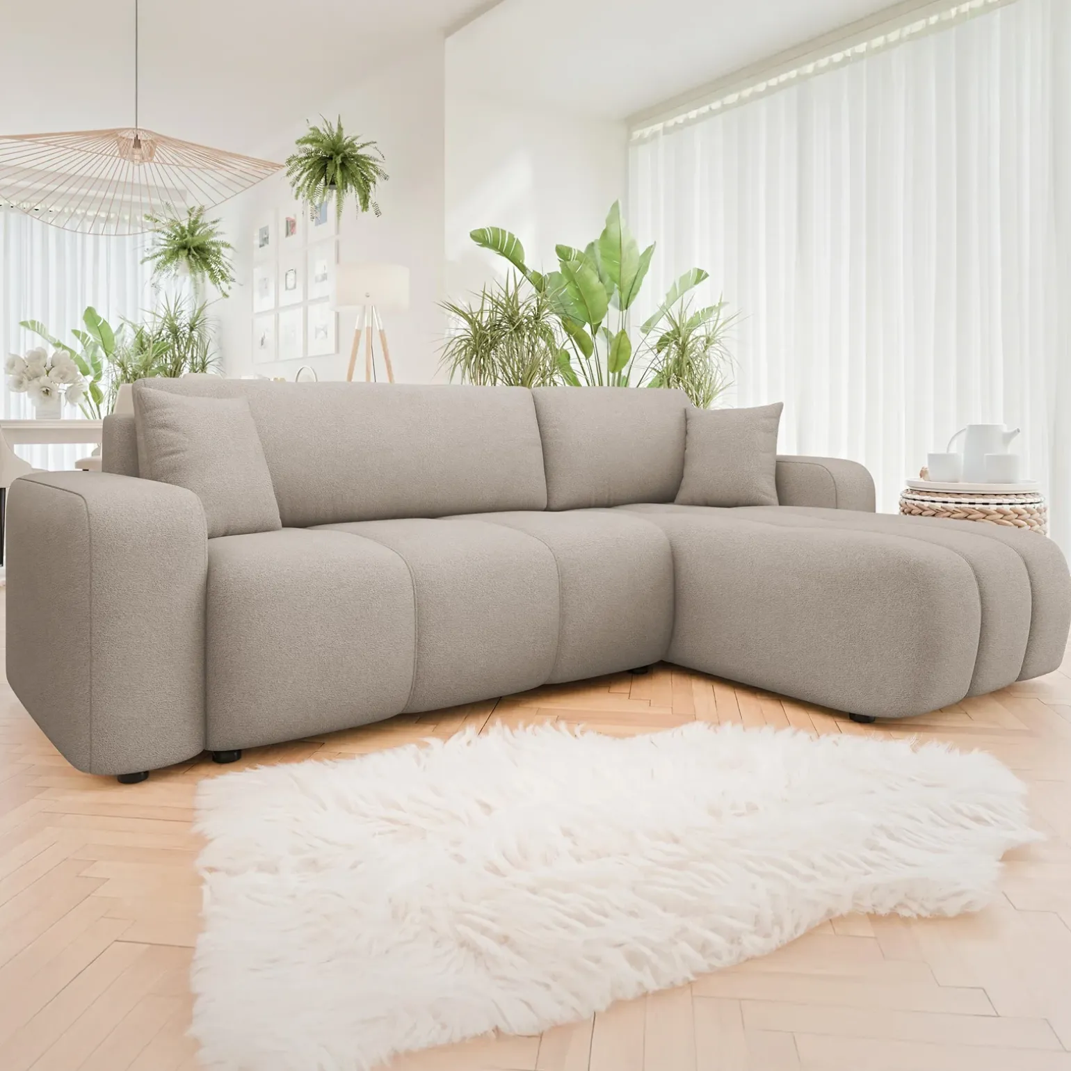 Divano letto angolare 3 posti 244x145cm con contenitore tessuto beige scuro Orama