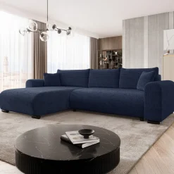 Divano letto angolare 4 posti 285x188cm con contenitore a trama spessa blu Soft