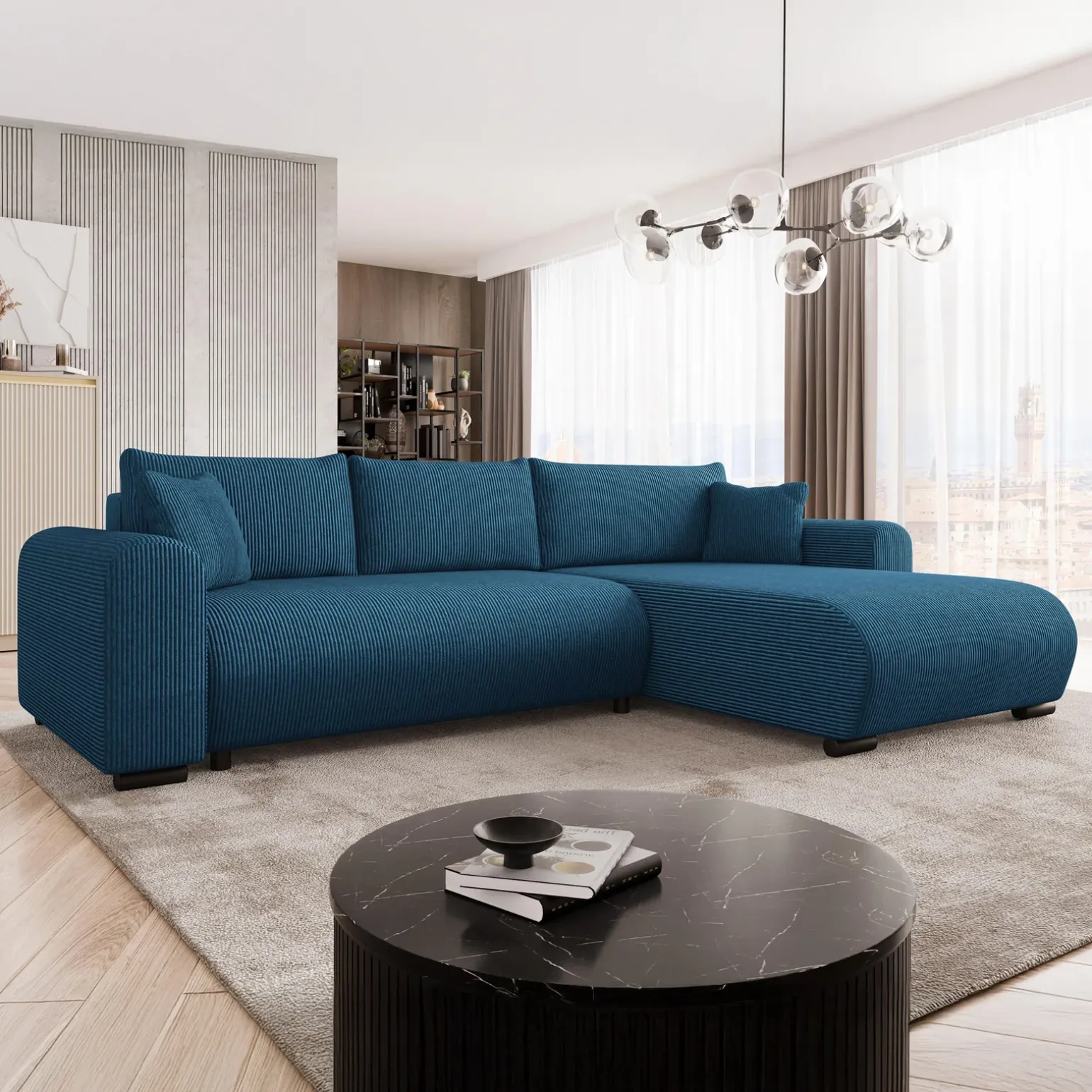 Divano letto angolare 4 posti 285x188cm con contenitore tessuto velluto a coste blu navy Soft