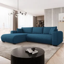 Divano letto angolare 4 posti 285x188cm con contenitore tessuto velluto a coste blu navy Soft