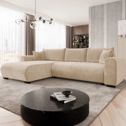 Divano letto angolare 4 posti 285x188cm con contenitore imbottito tessuto beige Soft