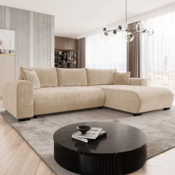 Divano letto angolare 4 posti 285x188cm con contenitore imbottito tessuto beige Soft