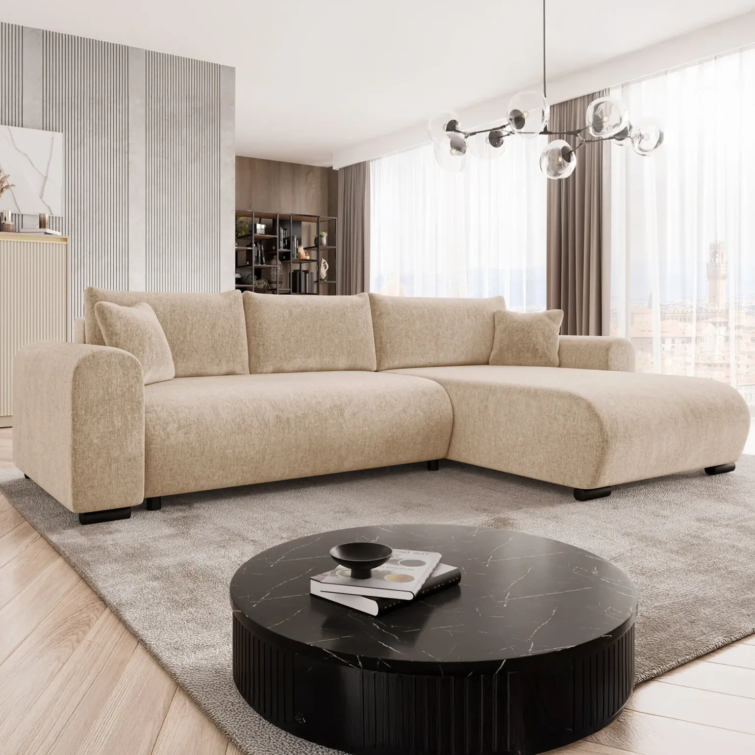 Divano letto angolare 4 posti 285x188cm con contenitore imbottito tessuto beige Soft