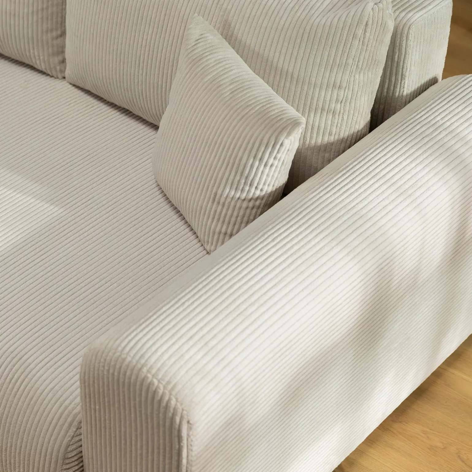 Divano letto angolare 4 posti 285x188cm con contenitore tessuto velluto a coste beige Soft