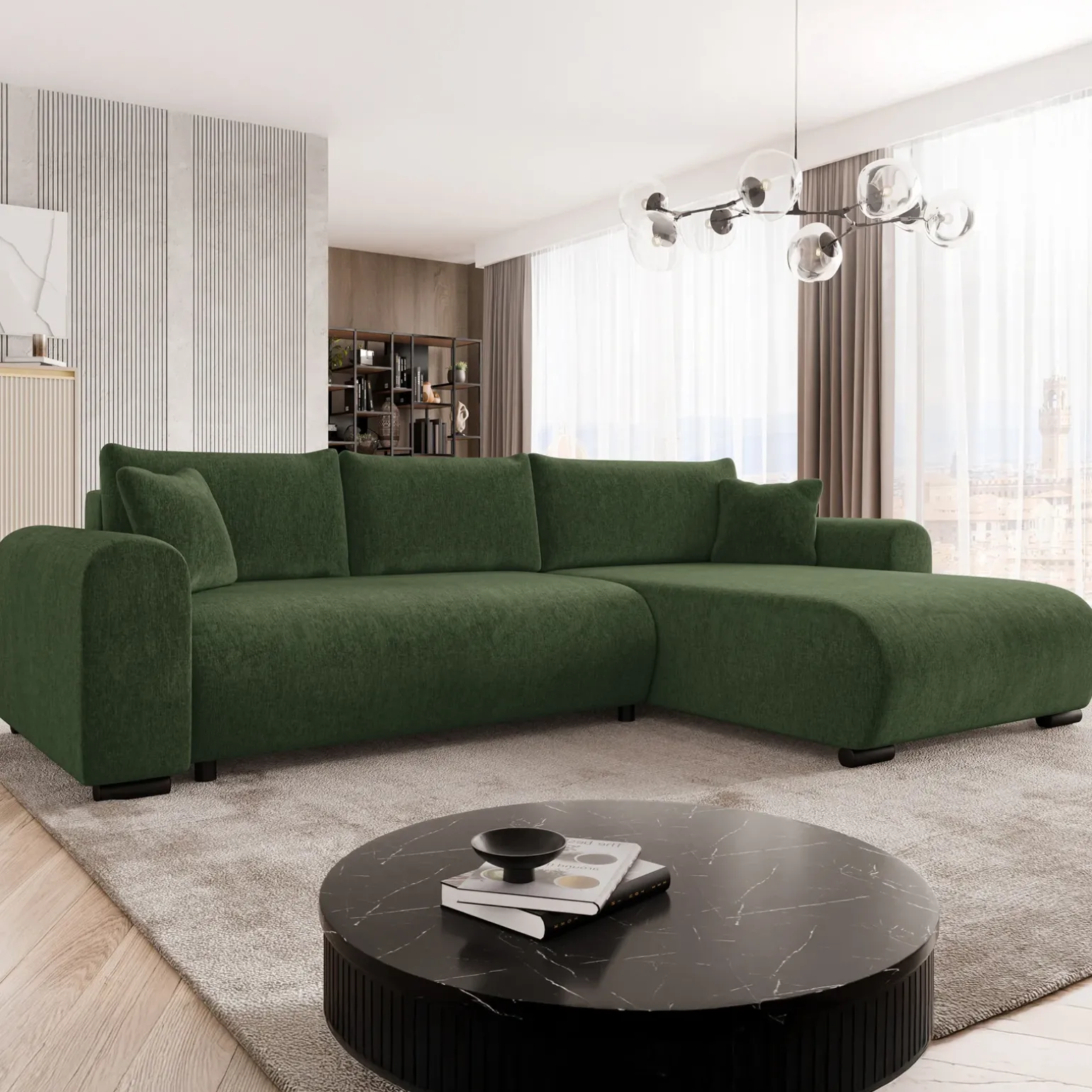 Divano letto angolare 4 posti 285x188cm con contenitore imbottito tessuto verde Soft