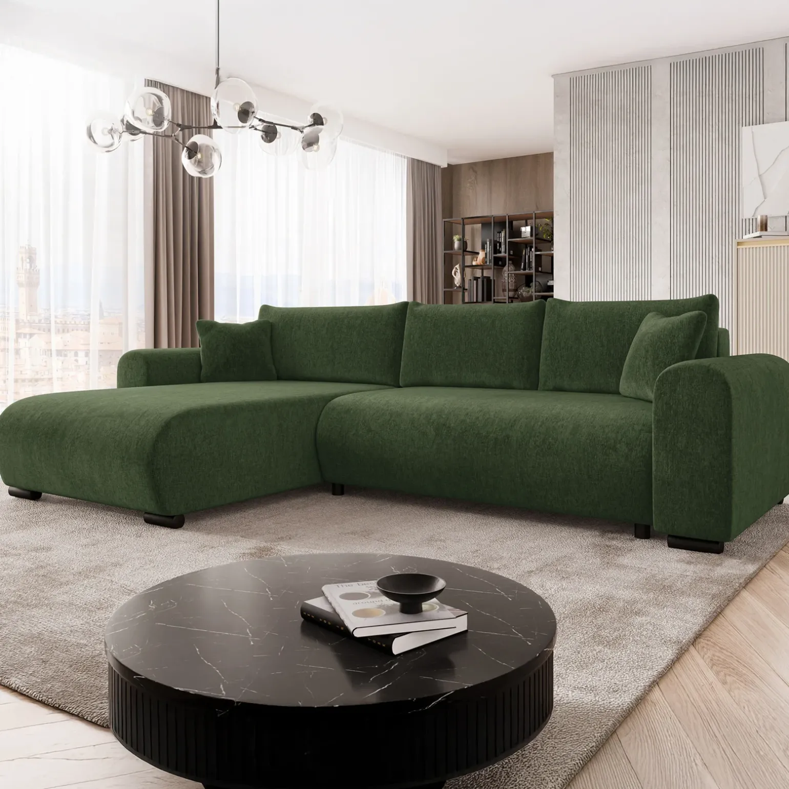 Divano letto angolare 4 posti 285x188cm con contenitore imbottito tessuto verde Soft