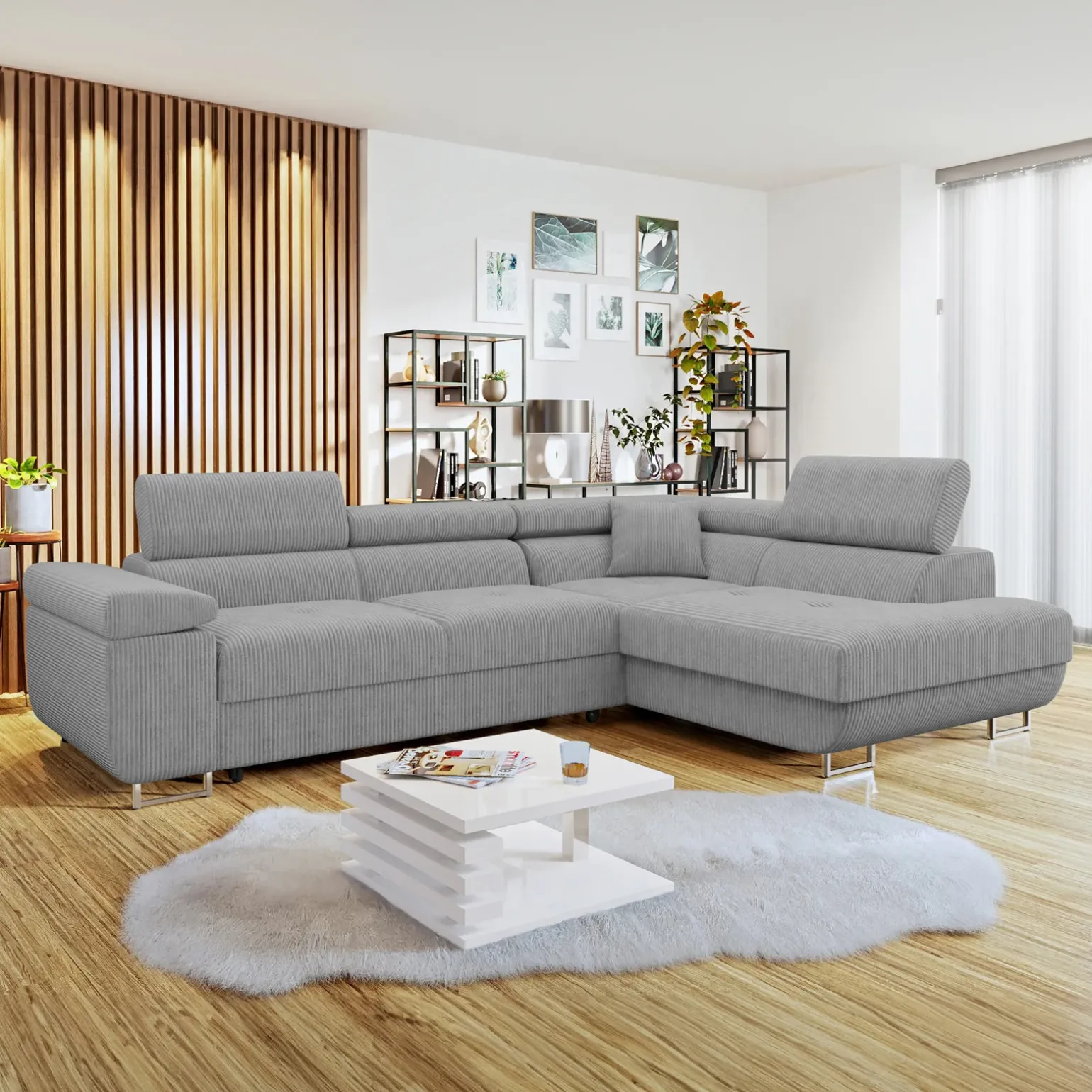 Divano letto angolare destra imbottito 274x203cm velluto a coste grigio Bormio