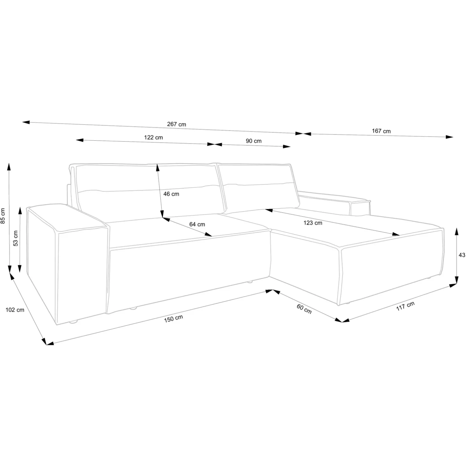 Divano letto angolare destra 3 posti 267x167cm velluto a coste marrone Relaxion