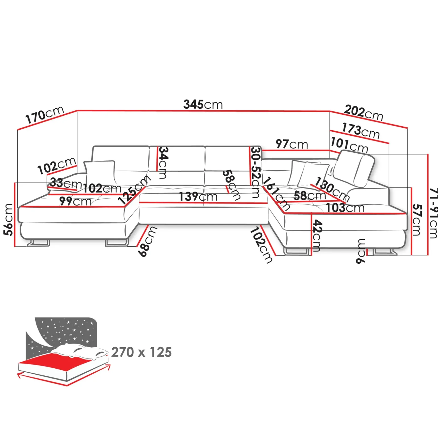 Divano letto angolare destra 5 posti 345x202cm tessuto beige Sloffy