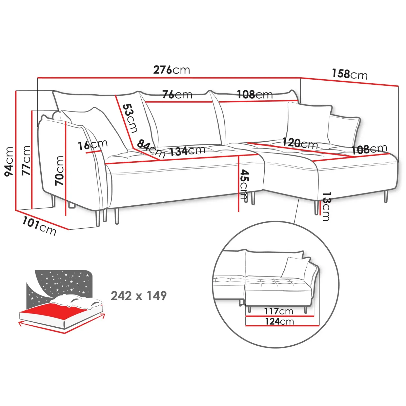 Divano letto angolare destro 3 posti 276x158cm tessuto grigio Angle