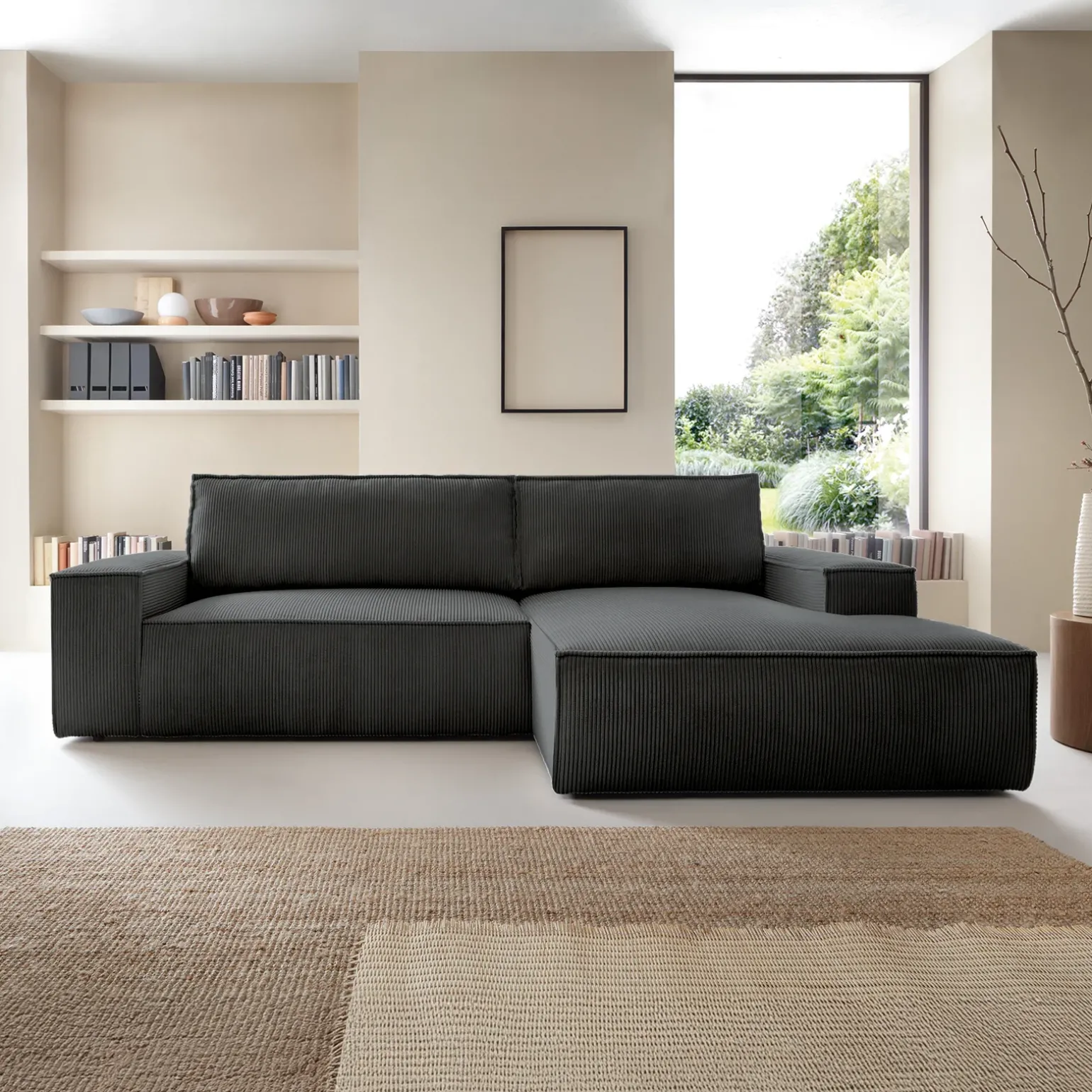 Divano letto angolare destra 3 posti 267x167cm velluto a coste antracite Relaxion