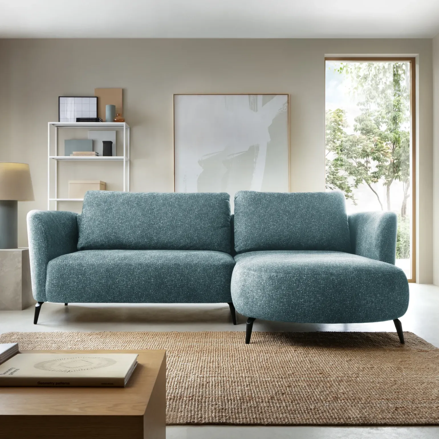 Divano letto angolare destra 3 posti 260x180cm tessuto bouclè azzurro Repose