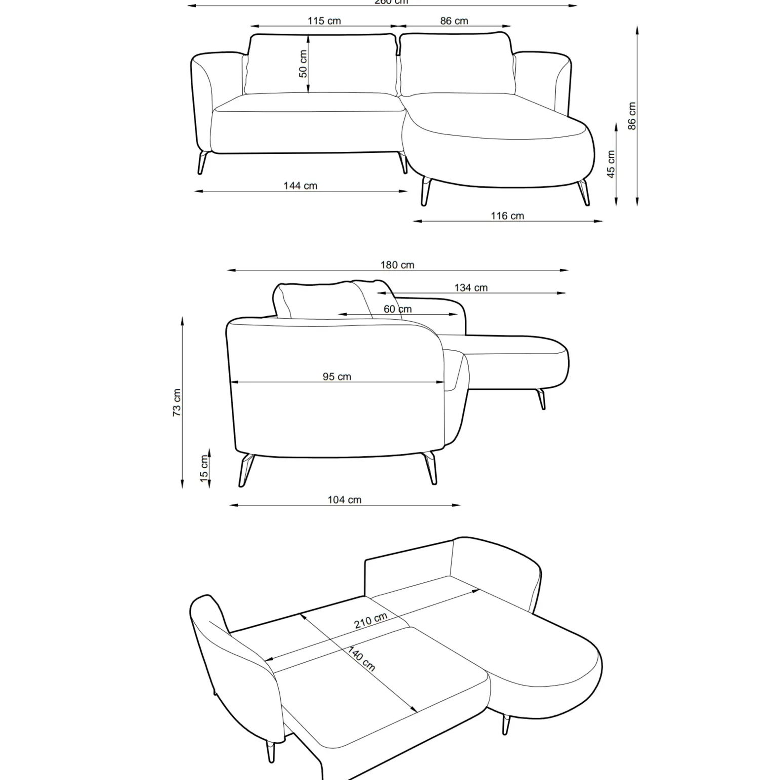 Divano letto angolare destra 3 posti 260x180cm tessuto bouclè azzurro Repose
