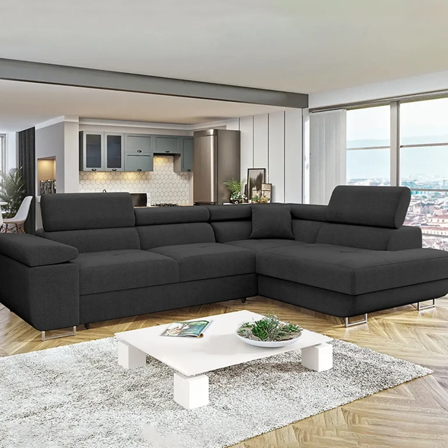 Divano letto angolare destra imbottito 274x203cm nero Bormio