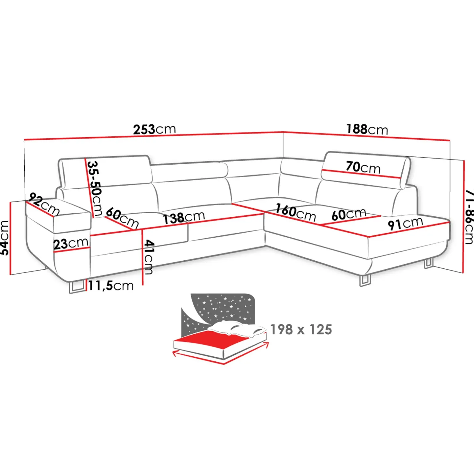 Divano letto angolare destra 5 posti 253x188cm grigio Almese
