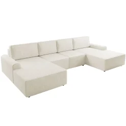 Divano letto angolare panoramico 5 posti 338x168 cm con contenitore a trama sottile beige Olivon