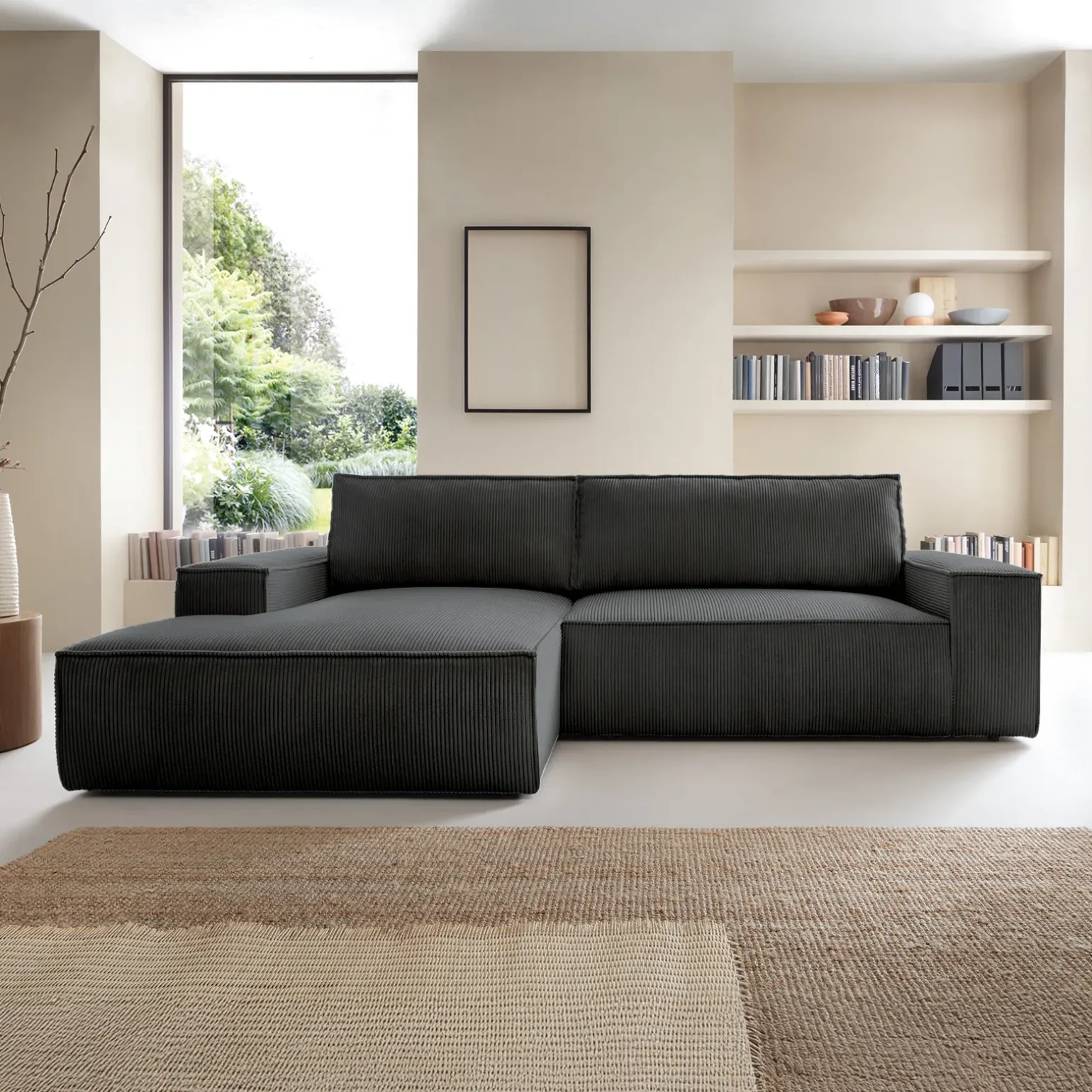 Divano letto angolare sinistra 3 posti 267x167cm velluto a coste antracite Relaxion