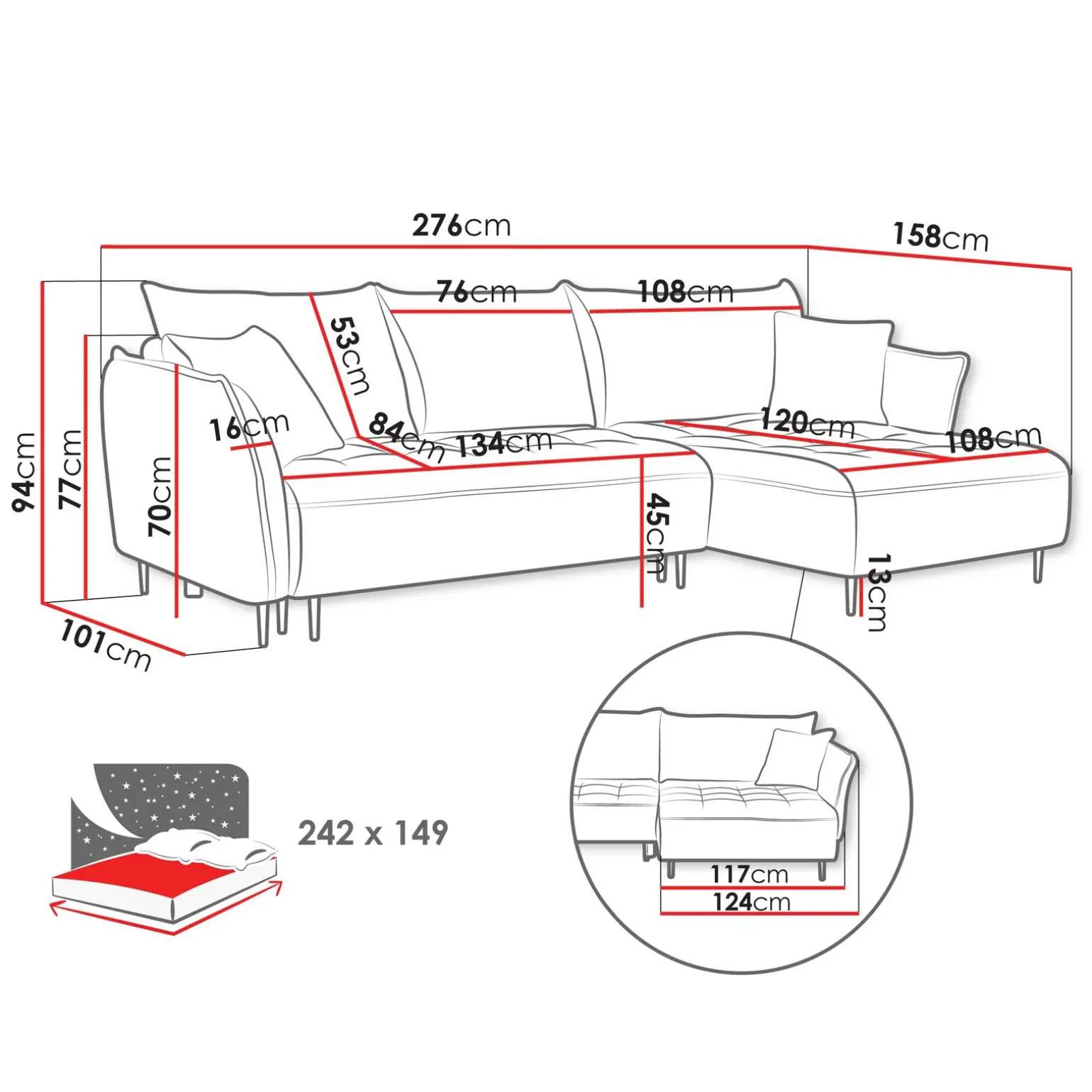 Divano letto angolare sinistro 3 posti 276x158cm tessuto blu Angle