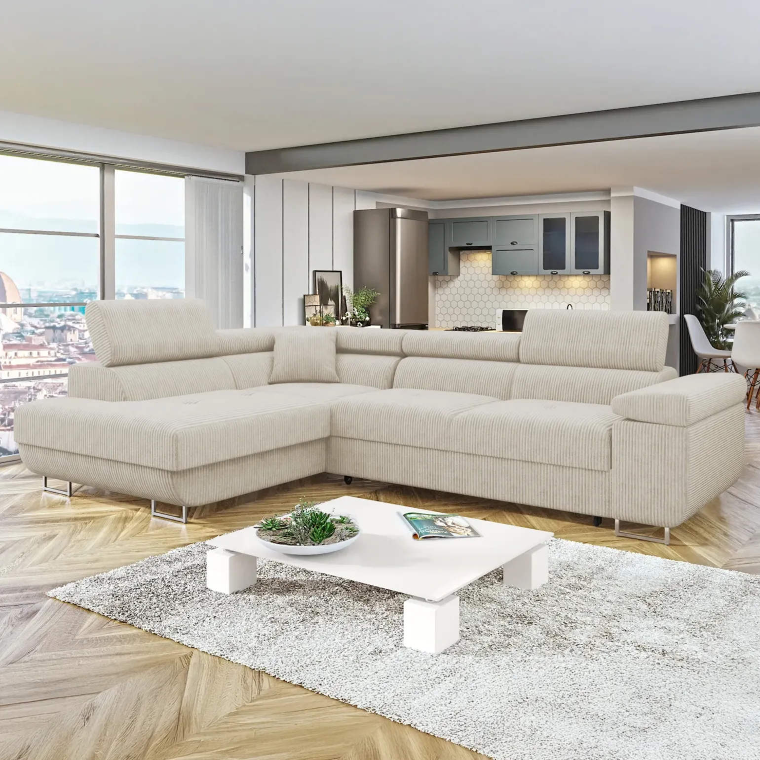 Divano letto angolare sinistra 4 posti 274x203cm imbottito a coste beige Bormio