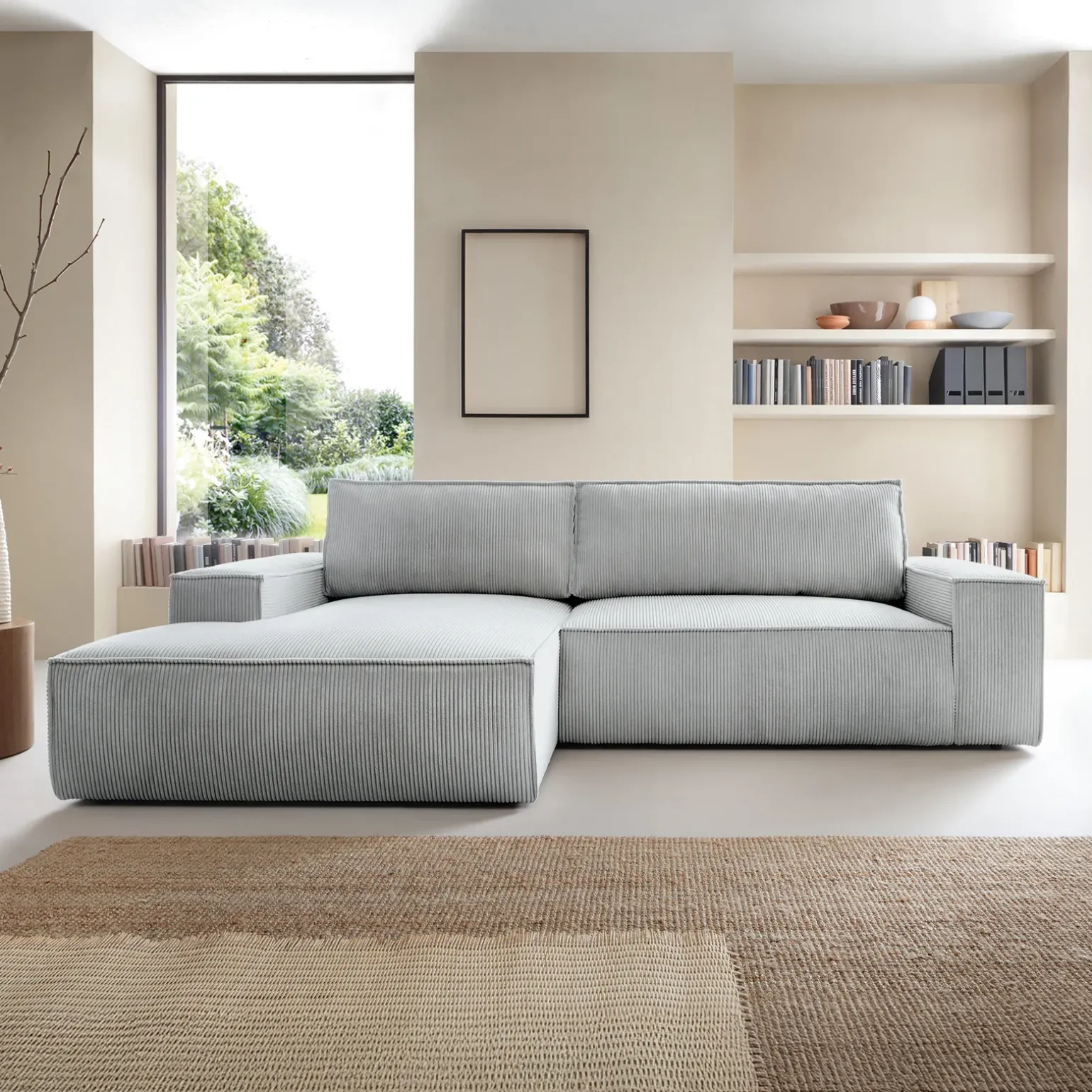 Divano letto angolare sinistra 3 posti 267x167cm velluto a coste grigio chiaro Relaxion