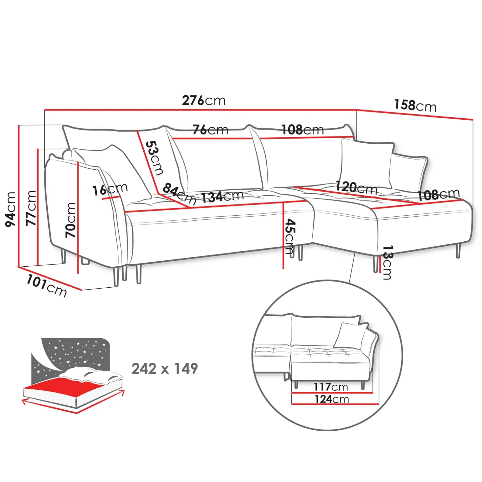 Divano letto angolare sinistro 3 posti 276x158cm tessuto grigio antracite Angle