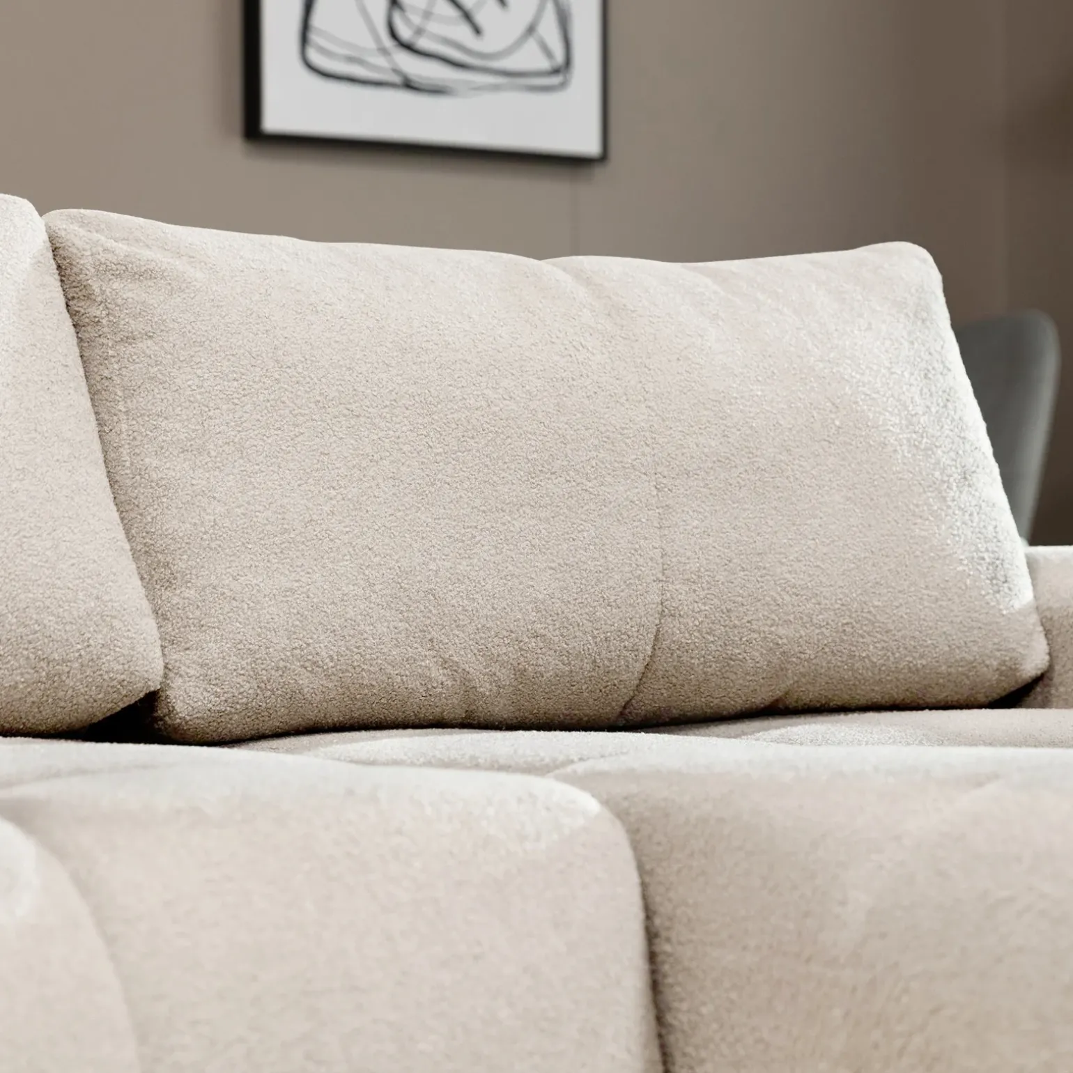 Divano letto con angolo a destra 4 posti 270x173cm con contenitore tessuto bouclé bianco crema Litos