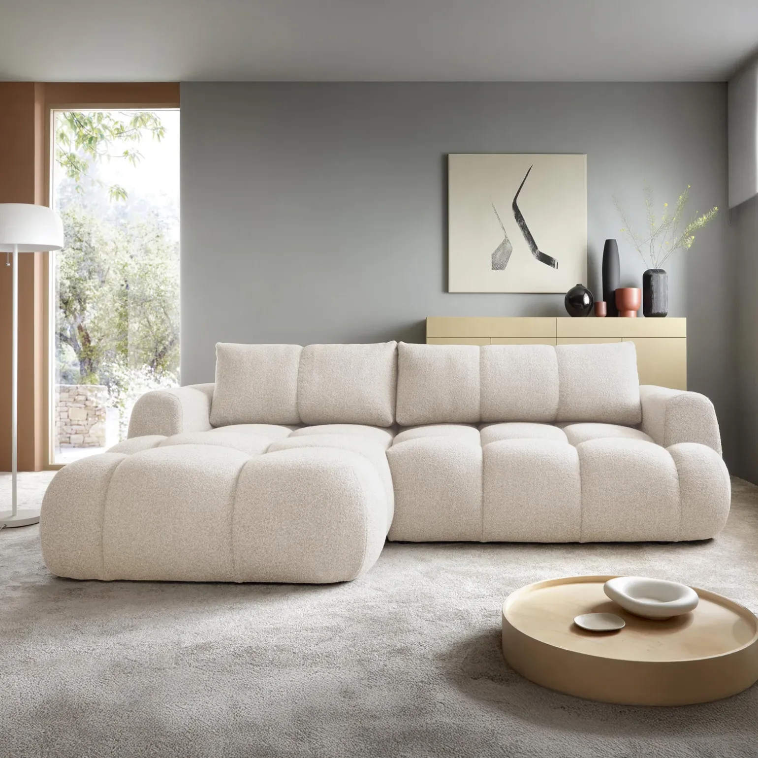 Divano letto con angolo a sinistra 4 posti 270x173cm con contenitore tessuto bouclé bianco crema Litos