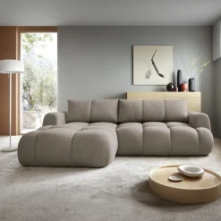 Divano letto con angolo a sinistra 4 posti 270x173cm con contenitore tessuto bouclé grigio tortora Litos