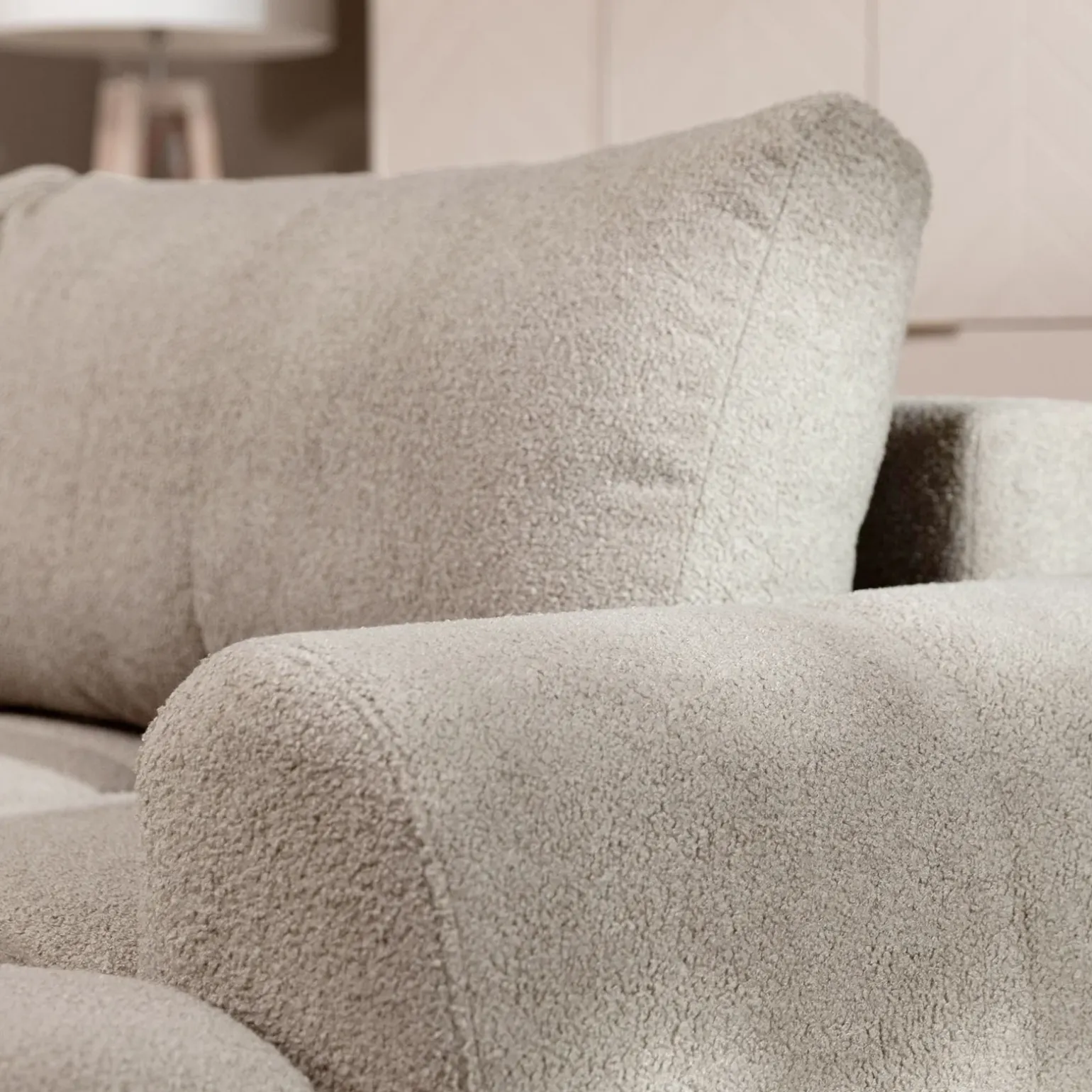 Divano letto con angolo a destra 4 posti 270x173cm con contenitore tessuto bouclé beige Litos