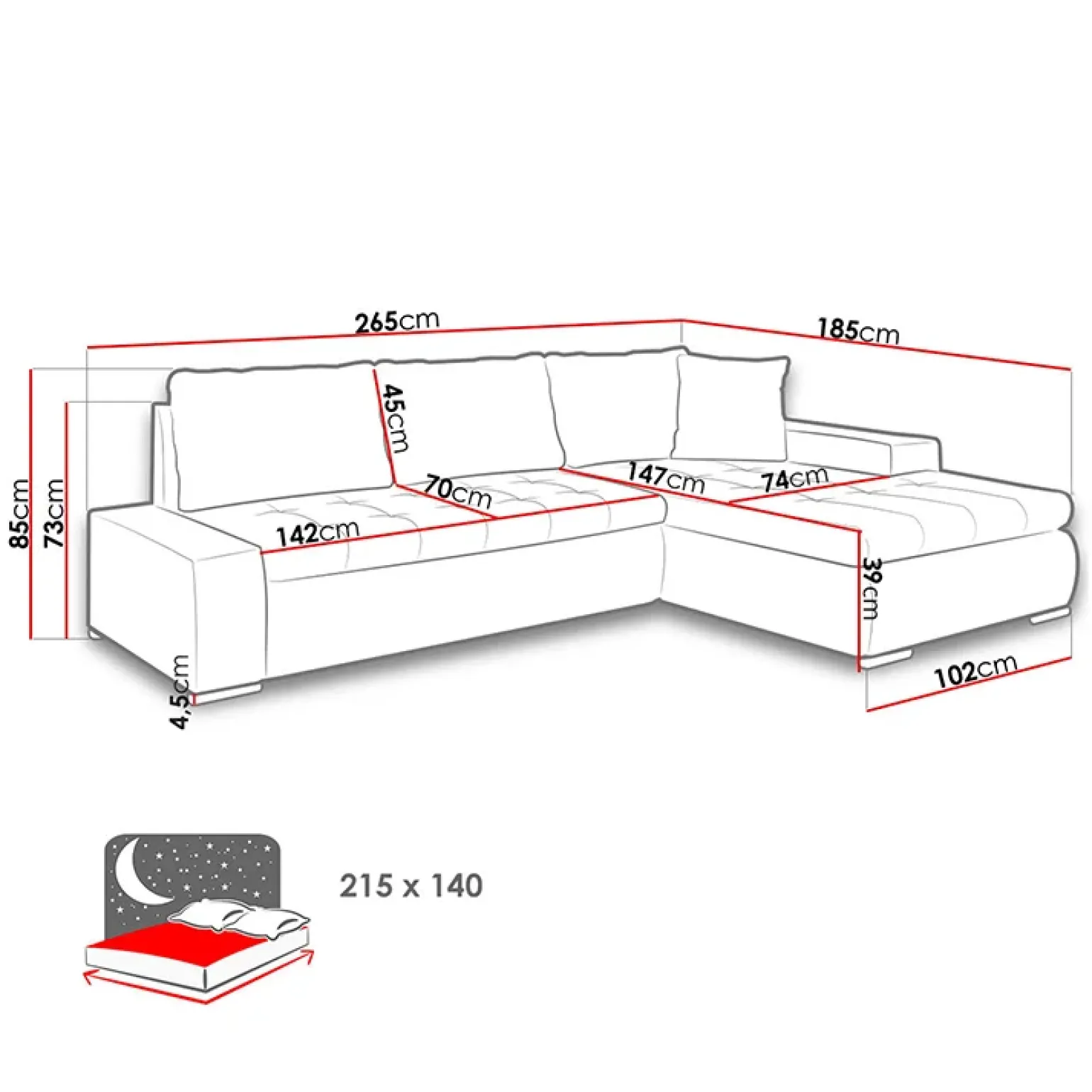 Divano letto matrimoniale 3 posti 265cm grigio chiaro e scuro Bette