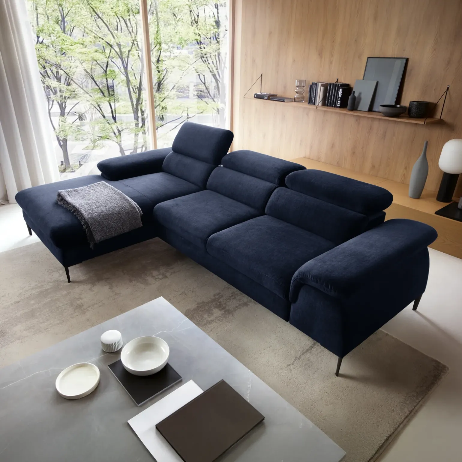Divano letto regolabile angolare sinistra 4 posti 288x182cm tessuto blu Loungey