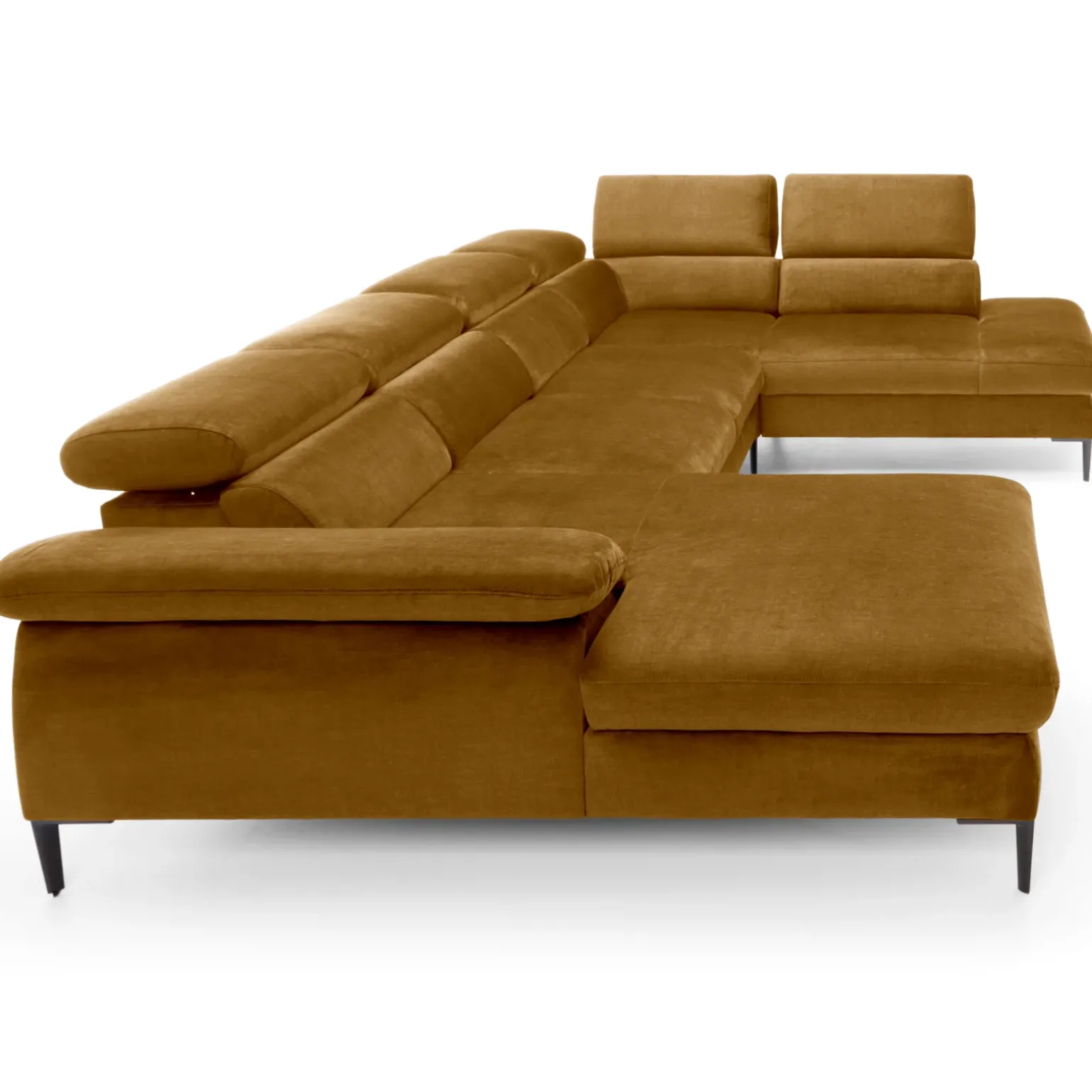 Divano letto regolabile angolare destro 5 posti 353x214cm tessuto giallo senape Calmora