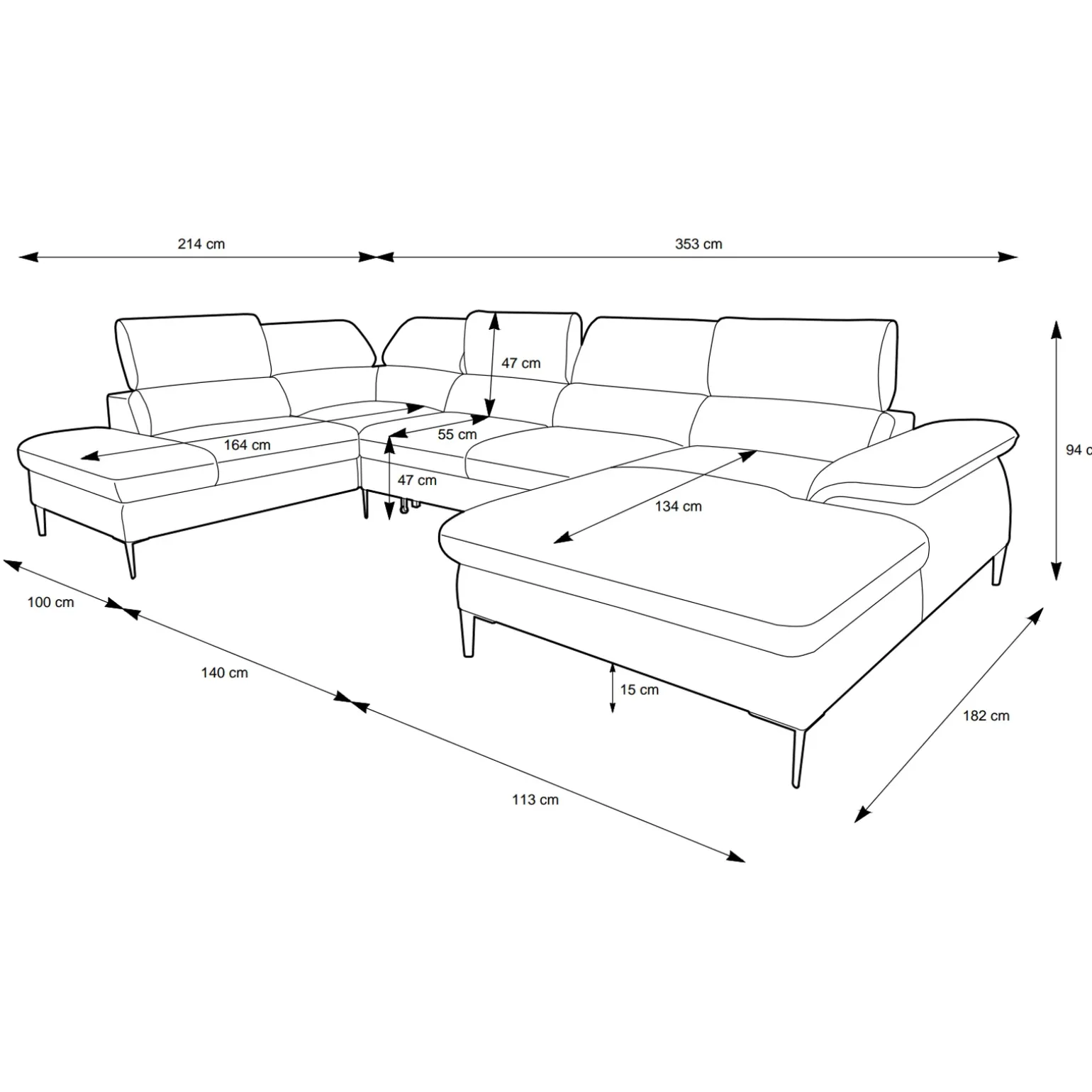 Divano letto regolabile angolare destro 5 posti 353x214cm tessuto giallo senape Calmora