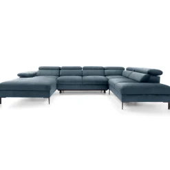 Divano letto regolabile angolare destro 5 posti 353x214cm tessuto azzurro Calmora