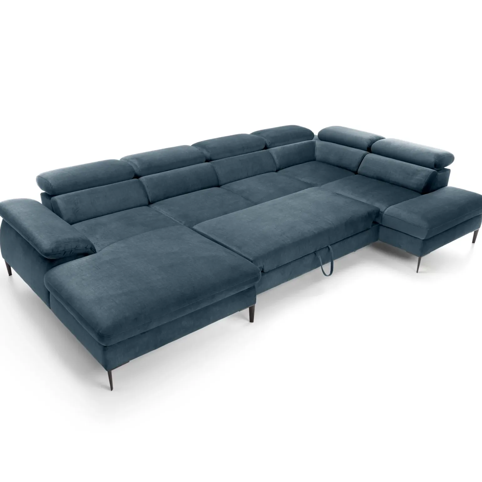 Divano letto regolabile angolare destro 5 posti 353x214cm tessuto azzurro Calmora