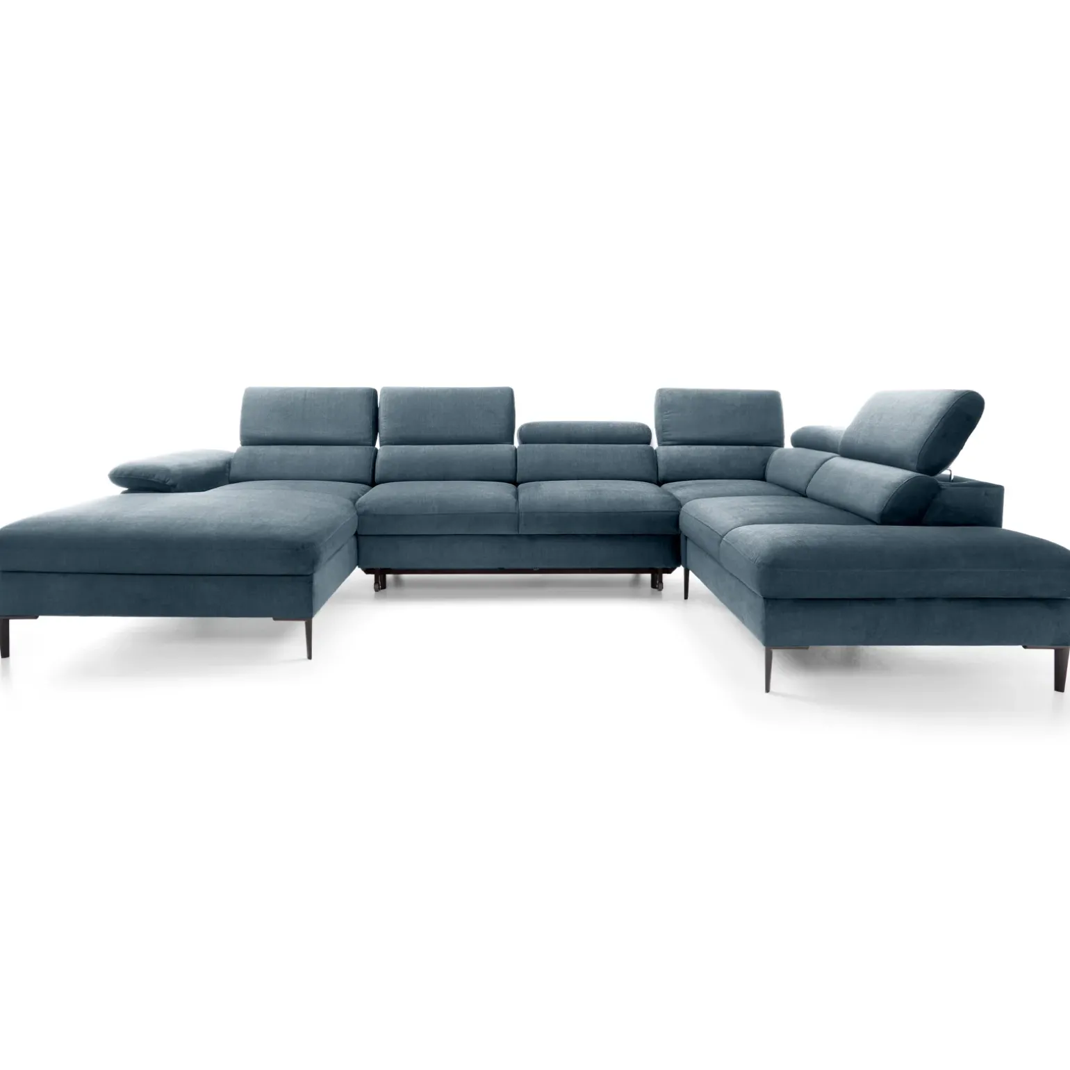 Divano letto regolabile angolare destro 5 posti 353x214cm tessuto azzurro Calmora