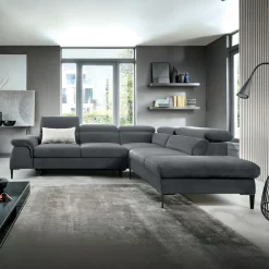 Divano letto regolabile angolare destra 5 posti 280x214cm tessuto grigio Snuggity