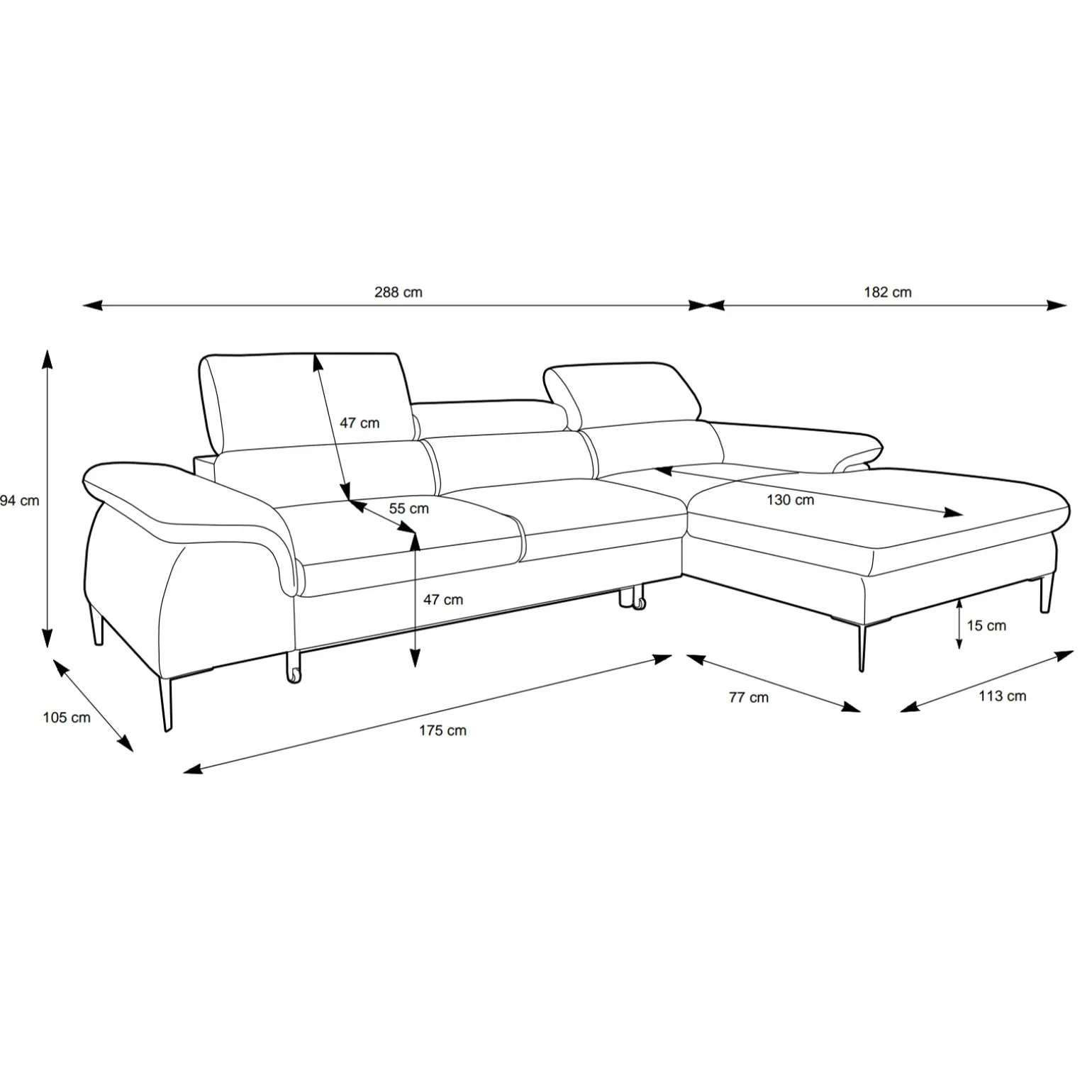 Divano letto regolabile angolare destra 4 posti 288x182cm tessuto blu Loungey