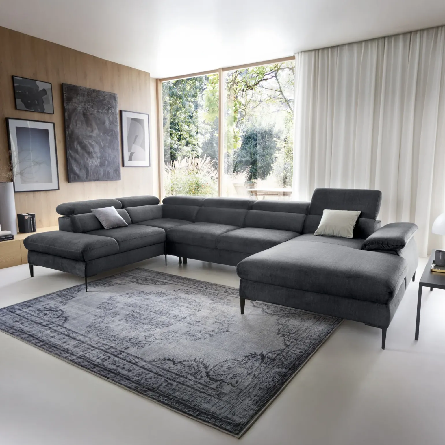 Divano letto regolabile angolare sinistro 5 posti 353x214cm tessuto grigio scuro Calmora
