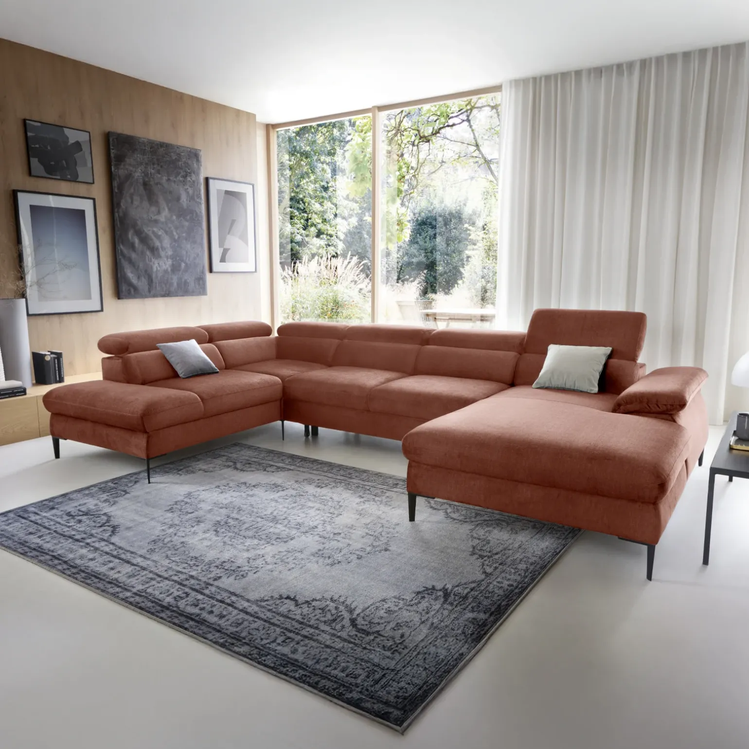 Divano letto regolabile angolare sinistro 5 posti 353x214cm tessuto arancio corallo Calmora