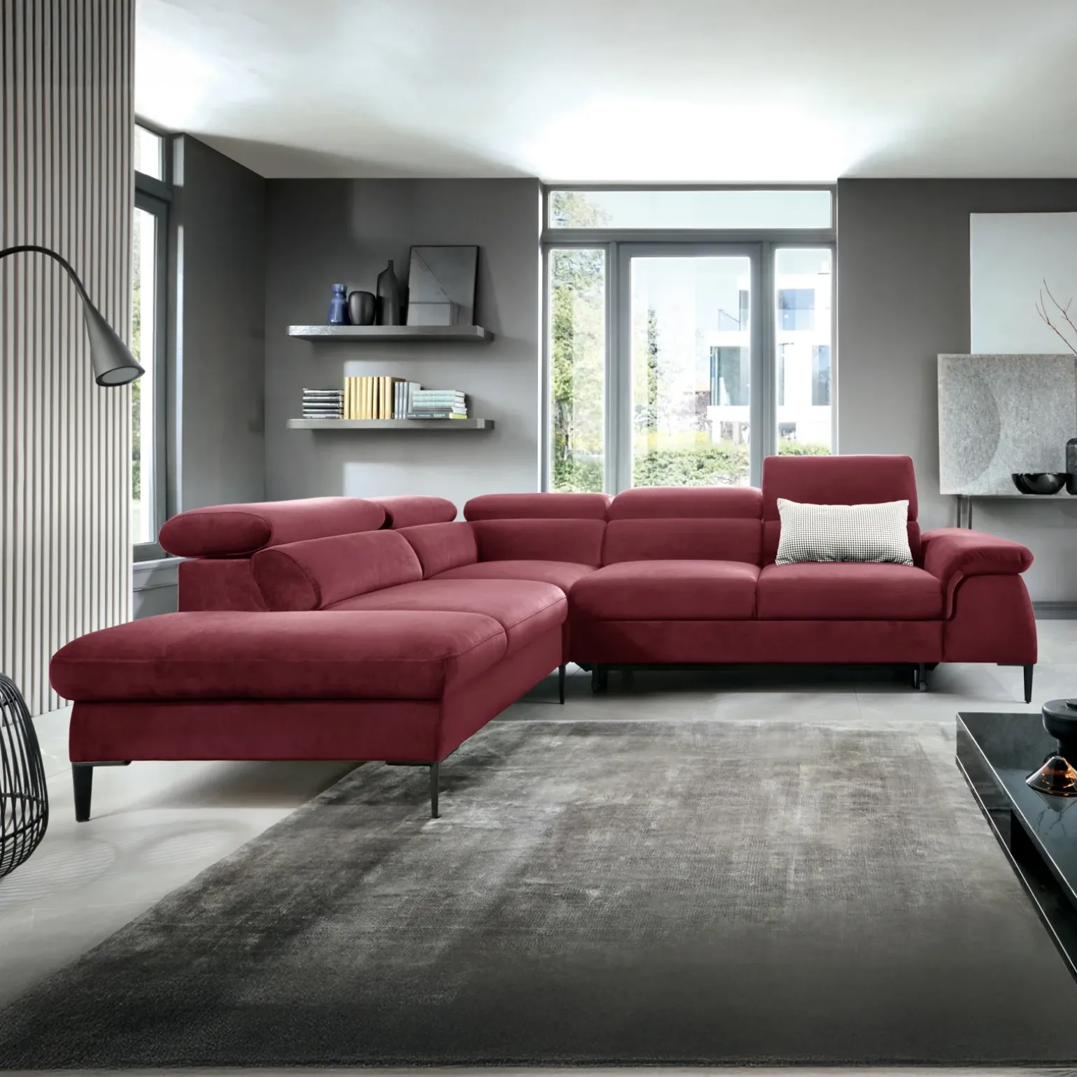 Divano letto regolabile angolare sinistra 5 posti 280x214cm tessuto rosso bordeaux Snuggity