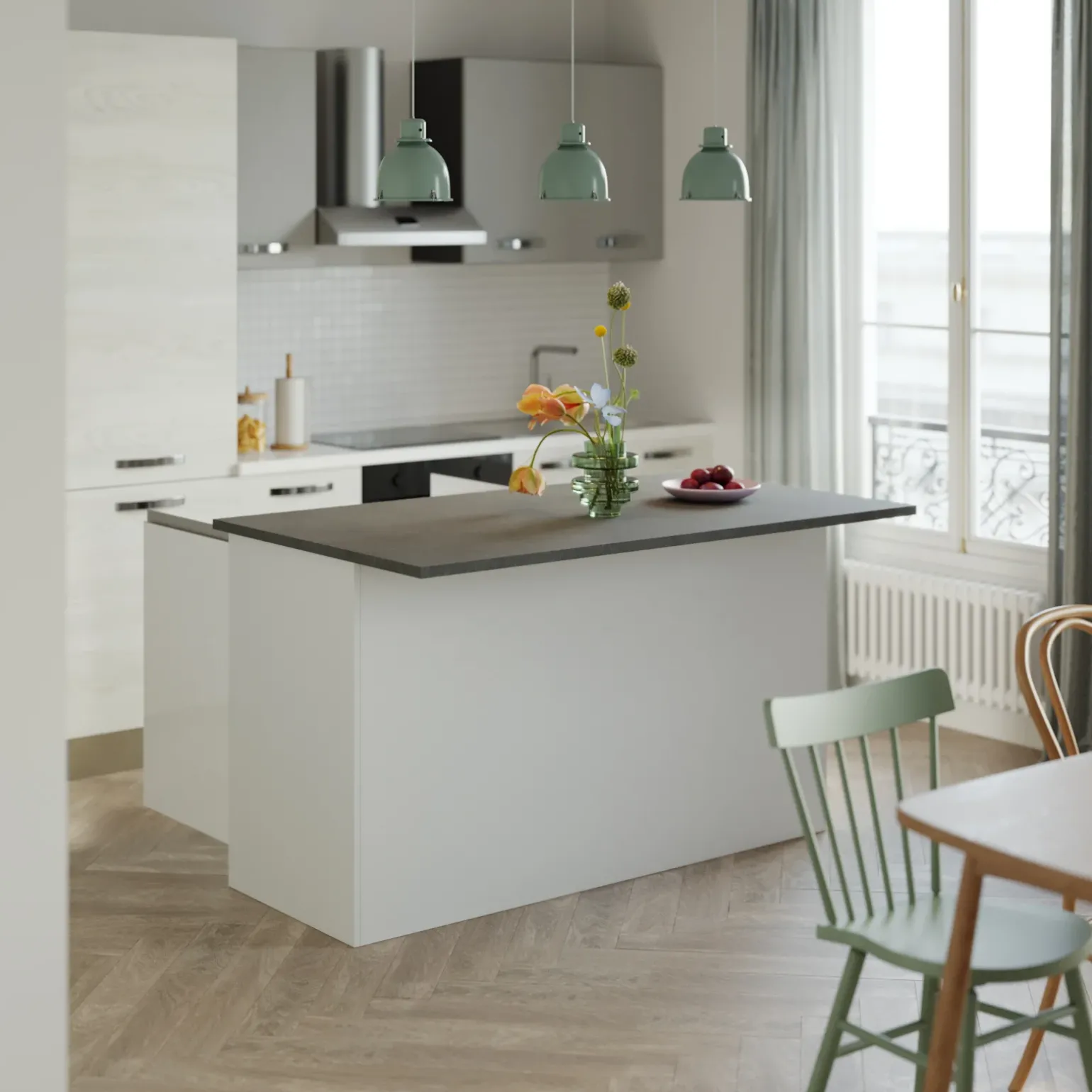 Isola cucina centrale 155x90cm 3 ante bianco laccato con piano grigio effetto pietra Gourmet