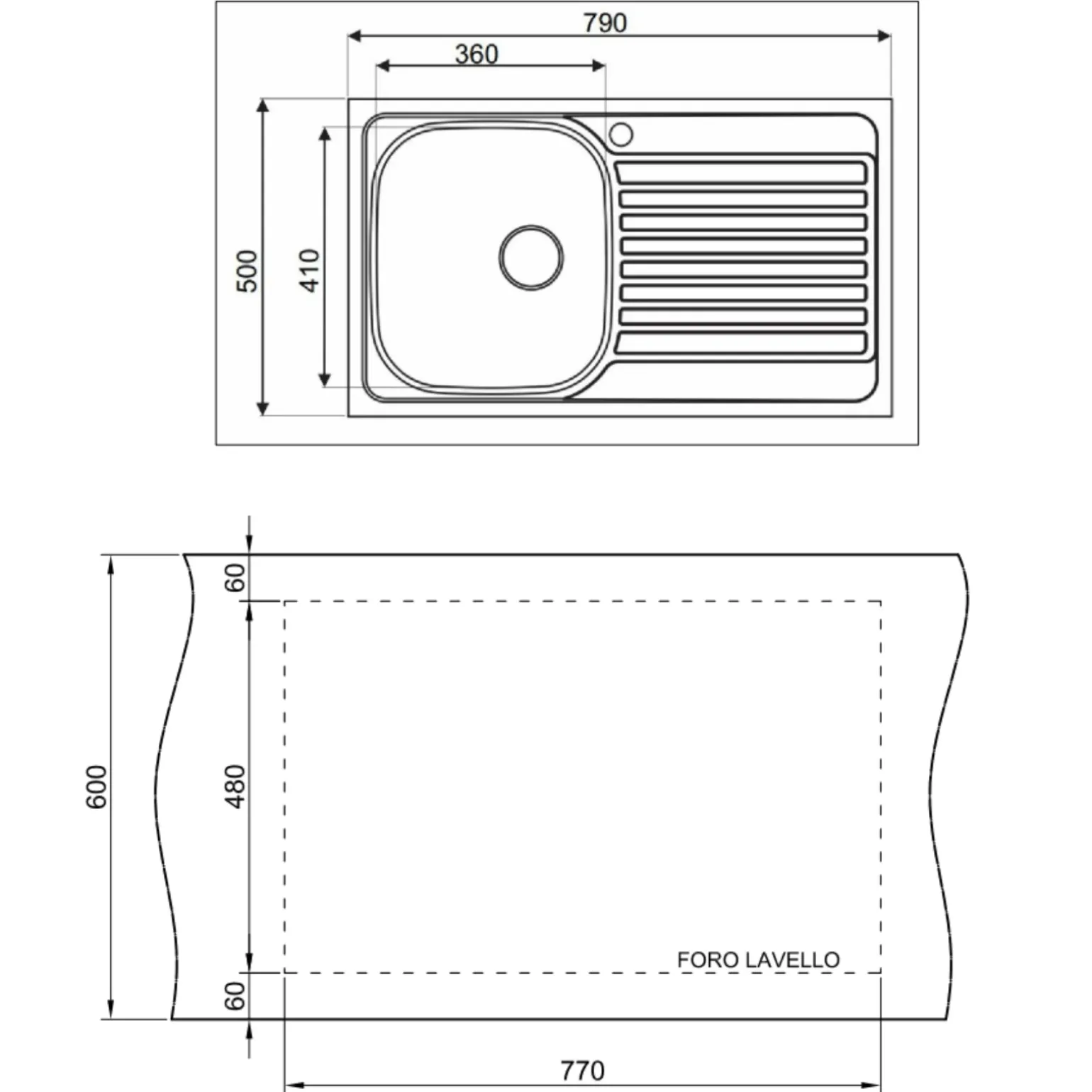 Lavello da incasso 79x50cm 1 vasca destra acciaio inox con gocciolatoio Asilcrome