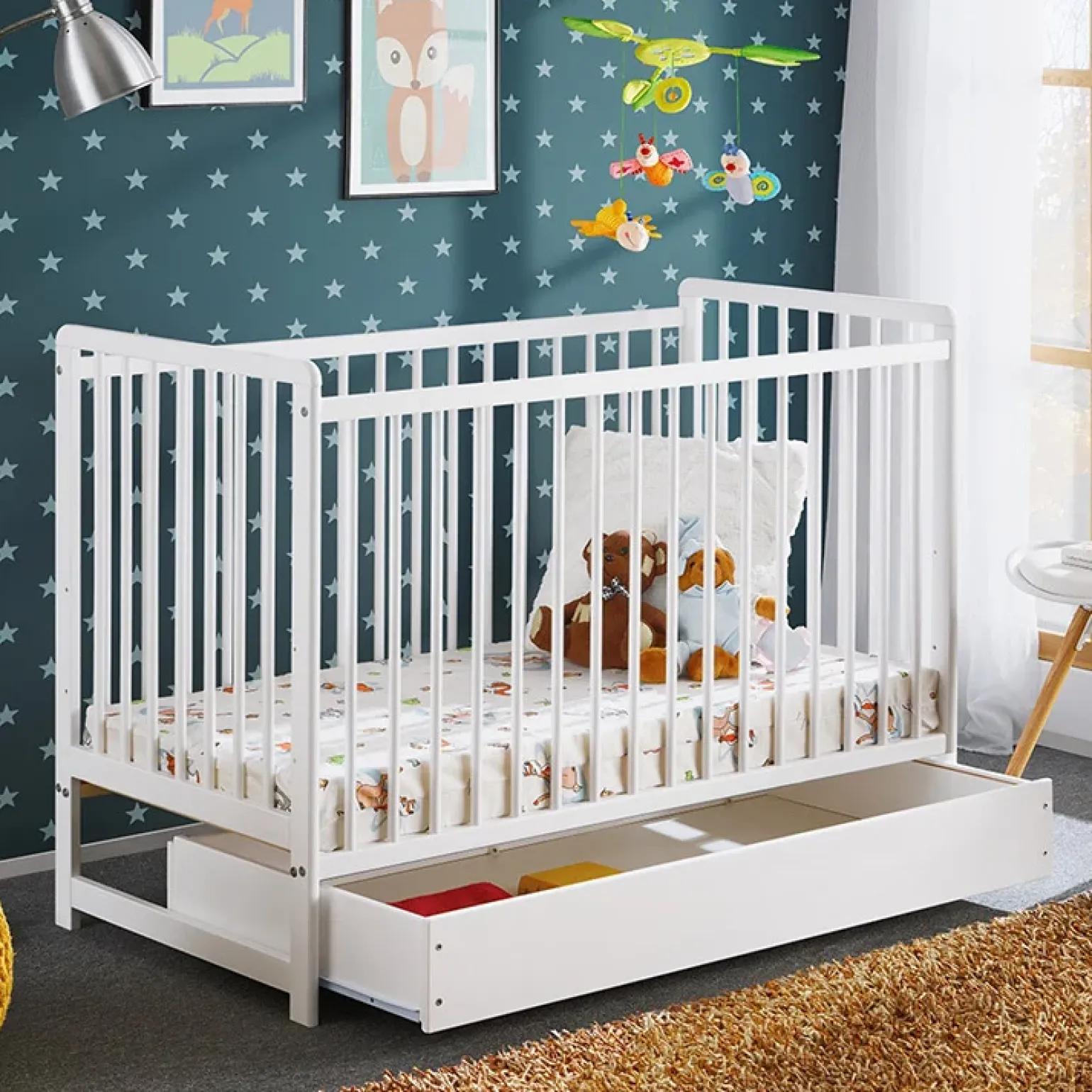Lettino con materasso bambini neonati culla cassetto 65x124cm bianco Destiny