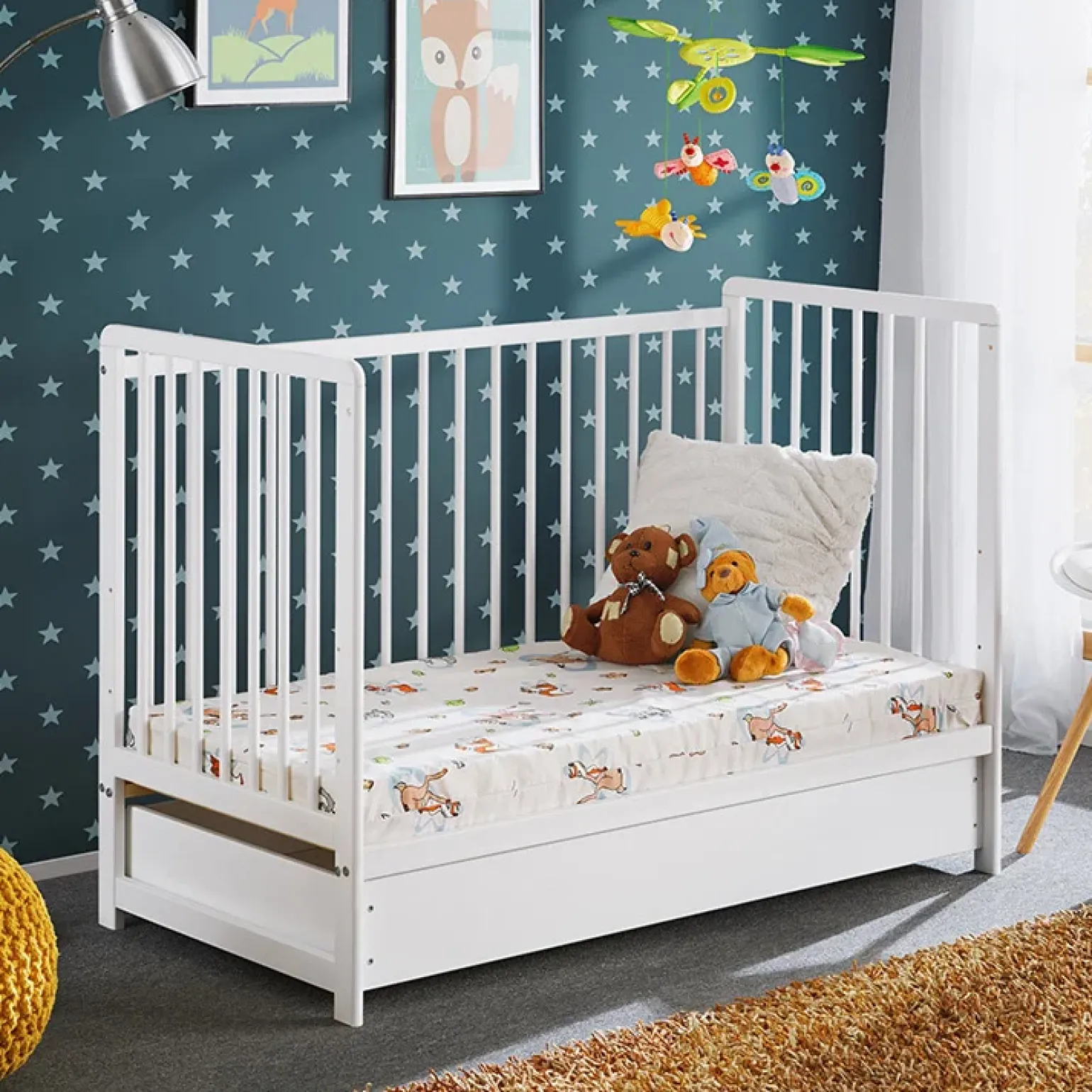 Lettino con materasso bambini neonati culla cassetto 65x124cm bianco Destiny