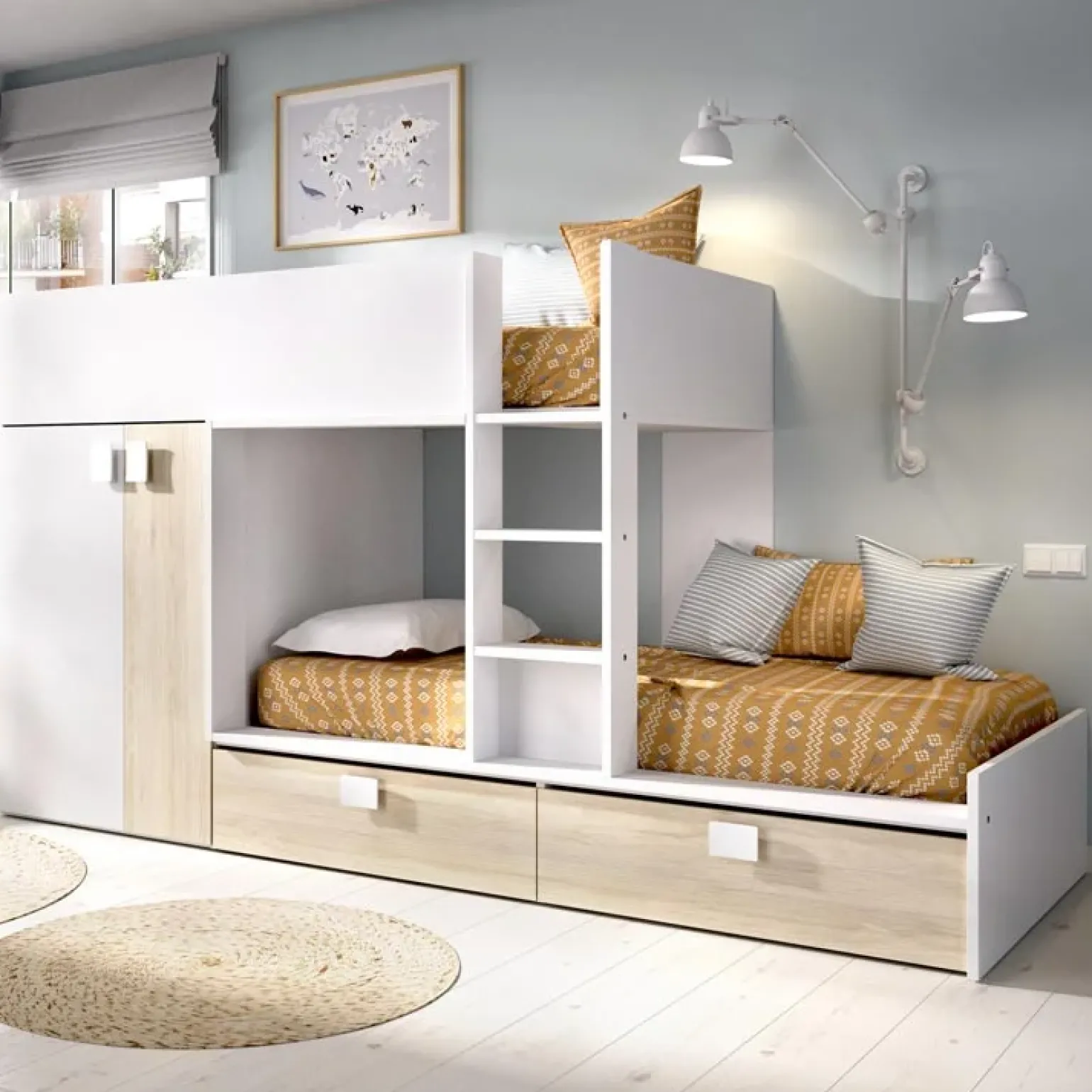 Letto a castello con armadio 275x106cm bianco rovere Clark