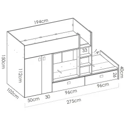 Letto a castello con armadio 275x106cm bianco rovere Clark
