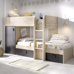 Letto a castello per bambini con armadio 255x112cm rovere grafite Sole